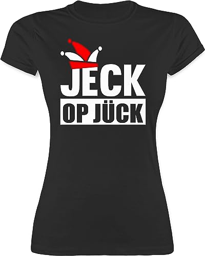 Shirt Damen - & Fasching - Jeck op Jück Rot Weiß - Rot Weiss Karneval Köln - XL - Schwarz - Fastnacht Tshirt witzige Faschings t-Shirt t fasnet Frauen karnevalsshirts kölner Karnevals Oberteil von Shirtracer