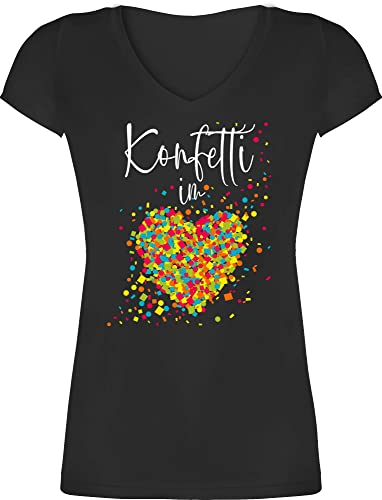 T-Shirt Damen V Ausschnitt - Karneval & Fasching - Konfetti im Herzen - XXL - Schwarz - Shirt fasnet t Shirts Frauen köln &Fasching Tshirt tailliert Karnevals Karneval. t-schirt von Shirtracer