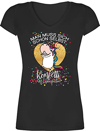 T-Shirt Damen V Ausschnitt - Karneval & Fasching - Man muss Sich Schon selbst Konfetti ins Leben pusten - Einhorn Spruch Lustig Witzig - 3XL - Schwarz - t Shirt köln kölner Karnevals t-schirt von Shirtracer