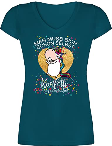 T-Shirt Damen V Ausschnitt - Karneval & Fasching - Man muss Sich Schon selbst Konfetti ins Leben pusten - Einhorn Spruch Lustig Witzig - M - Türkis - Faschings t Shirt karneva Tshirts von Shirtracer