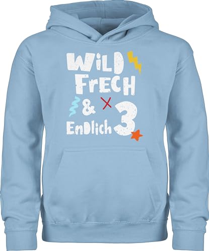 Kinder Hoodie Jungen Mädchen - 3. Geburtstag - Wild frech und endlich 3 - Drei Jahre Wunderbar - 104 (3/4 Jahre) - Hellblau - geburtstagspulli 3.geburtstag pullover jährige three sweater junge von Shirtracer