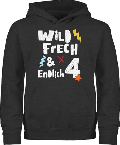 Kinder Hoodie Jungen Mädchen - 4. Geburtstag - Wild frech und endlich 4 - Vier Jahre Wunderbar - 116 (5/6 Jahre) - Anthrazit meliert - pullover 4.geburtstag pulli 4th birthday 4jahre 4.geburtsrag von Shirtracer