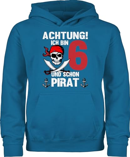Kinder Hoodie Jungen Mädchen - 6. - Achtung Ich bin 6 und schon Pirat | Piraten Geburtstag 6 Jahre - 152 (12/13 Jahre) - Himmelblau - pulli 5.geburtstag pullover geburtstagsoutfit sechster sechs von Shirtracer