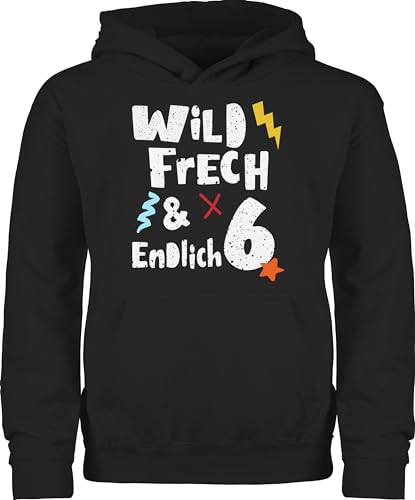 Kinder Hoodie Jungen Mädchen - 6. Geburtstag - Wild frech und endlich 6 - Sechs Jahre Wunderbar - 128 (7/8 Jahre) - Schwarz - geburtstagsoutfit 6.geburtstag pulli sechster 6.geburstag 5.geburtstag von Shirtracer