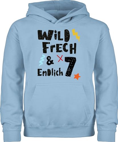 Kinder Hoodie Jungen Mädchen - 7. Geburtstag - Wild frech und endlich 7 - Wunderbar Sieben Jahre - 140 (9/11 Jahre) - Hellblau - Pullover 7.Geburtstag wild, Kapuzenpullover jetzt Bin ich siebter von Shirtracer