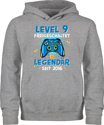 Shirtracer Kinder Hoodie Jungen Mädchen - 9. Geburtstag - Level 9 freigeschaltet Legendär seit 2016-140 (9/11 Jahre) - Grau meliert - Pulli Jahre neun 2014 9.Geburtstag Sieben alt Kindergeburtstag von Shirtracer
