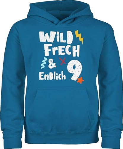 Shirtracer Kinder Hoodie Jungen Mädchen - 9. Geburtstag - Wild frech und endlich 9 - Neun Jahre Wunderbar - 140 (9/11 Jahre) - Himmelblau - Pulli 9.Geburtstag Birthday Sieben alt Kindergeburtstag von Shirtracer