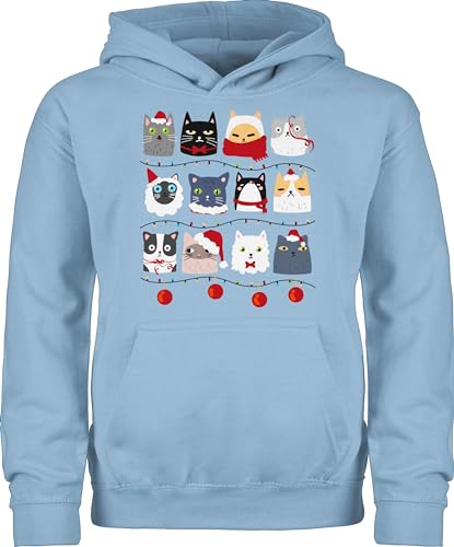 Kinder Hoodie Jungen Mädchen - Weihnachtsmotiv Katzen zu Weihnachten I - 128 (7/8 Jahre) - Hellblau - weihnachtspulli Kind Christmas katzenmotiv Pullover Weihnachtspullover weihnacht katzenmotiven von Shirtracer