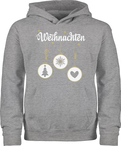 Kinder Hoodie Jungen Mädchen - Weihnachten mit Christbaumkugeln - 140 (9/11 Jahre) - Grau meliert - weihnachtspulli Kind weihnachtsmotiv Weihnachtskugel pullis Weihnachtspullover Christmas Pulli von Shirtracer