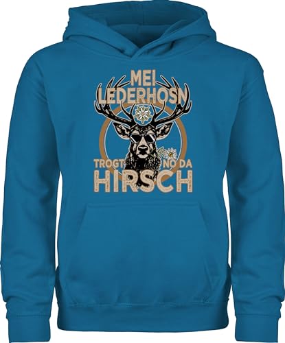 Shirtracer Kinder Hoodie Jungen Mädchen - Kompatibel mit Oktoberfest Trachtenshirt - Trachten Outfit Lederhose Spruch Trägt der Hirsch - 140 (9/11 Jahre) - Himmelblau - bayrischer Abend Bayerisches von Shirtracer