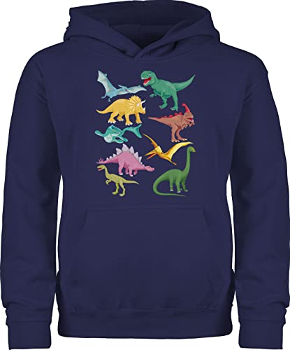 Kinder Hoodie Jungen Mädchen - Tiermotiv Animal Print - Dinos - 128 (7/8 Jahre) - Navy Blau - tiermotive dino reitpullover tiermotiven dinosaurier kinderpullover tier pulli animals pullover tiere von Shirtracer
