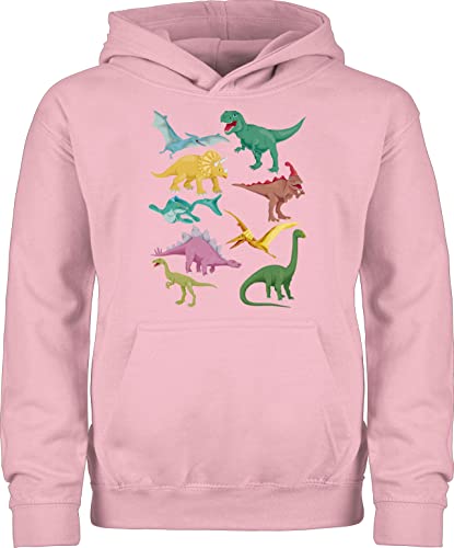 Kinder Hoodie Jungen Mädchen - Tiermotiv Animal Print - Dinos - 152 (12/13 Jahre) - Hellrosa - tiermotiven dino kinderpullover tier dinosaurier hoddis animals hoddie mit tieren pullover motiv tiere von Shirtracer
