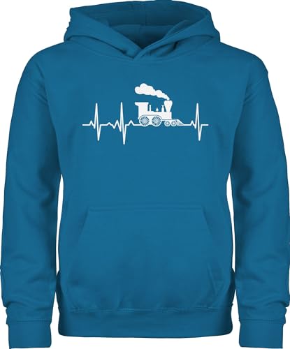 Kinder Hoodie Jungen Mädchen - Traktor Bagger und Co. - Dampflok Herzschlag weiß - 116 (5/6 Jahre) - Himmelblau - Fahrzeuge Zug reitpullover flugzeugen züge kinderpullover Eisenbahn Pullover von Shirtracer