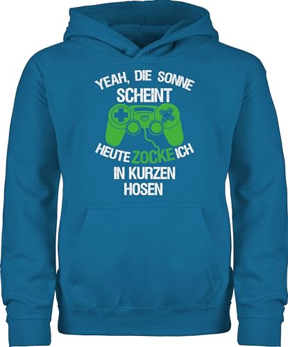 Kinder Hoodie Jungen Mädchen - Trend Kinderkleidung und Co - Heute zocke ich in kurzen Hosen grün weiß - 140 (9/11 Jahre) - Himmelblau - gaming pullover zock den ganzen tag pulli reitpullover von Shirtracer