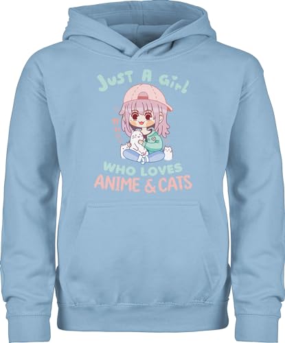 Kinder Hoodie Jungen Mädchen - Trend Kinderkleidung und Co - Just a Girl who Loves Anime & Cats Kawaii Chibi - 128 (7/8 Jahre) - Hellblau - Pullover Kind oodie Hoddies/pullies Pulli Kids Hoody für von Shirtracer