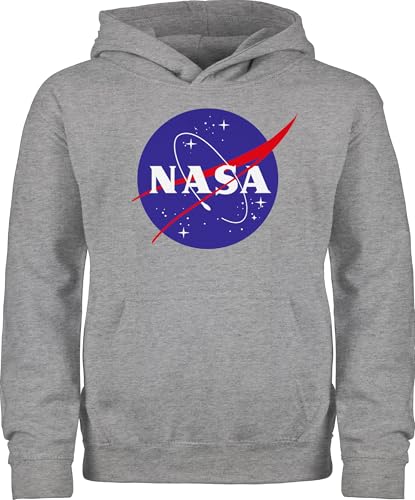 Kinder Hoodie Jungen Mädchen - Trend Kinderkleidung und Co - Raumfahrt Nasa Meatball Logo I - 128 (7/8 Jahre) - Grau meliert - nasa+hoodie kind space reitpullover patch pulli sternen pullover von Shirtracer