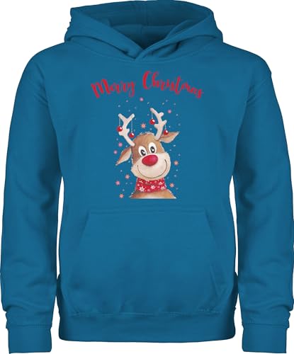 Kinder Hoodie Jungen Mädchen - Weihnachten - Merry Christmas Rentier I Elch - 152 (12/13 Jahre) - Himmelblau - weihnachtspulli Kind weihnachtsmotiv Familie Hoody Weihnachtspullover weihnacht von Shirtracer