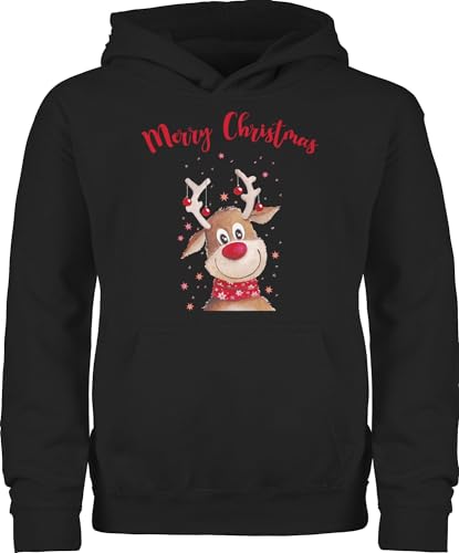 Kinder Hoodie Jungen Mädchen - Weihnachten - Merry Christmas Rentier I Elch - 152 (12/13 Jahre) - Schwarz - weihnachtspulli Kind weihnachtsmotiv Familie Hoody Weihnachtspullover weihnacht Rentiere von Shirtracer