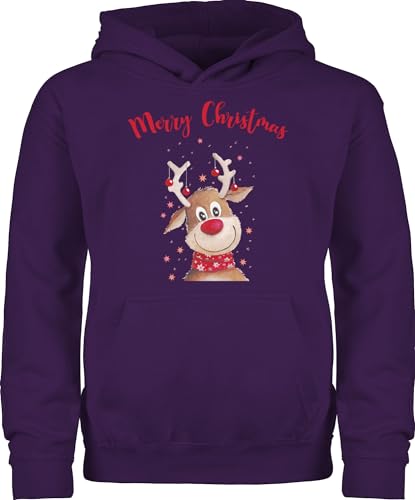 Kinder Hoodie Jungen Mädchen - Weihnachten - Merry Christmas Rentier I Elch - 128 (7/8 Jahre) - Lila - weihnachtspulli Kind weihnachtsmotiv Familie Hoody Weihnachtspullover weihnacht Rentiere von Shirtracer