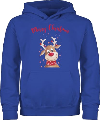 Kinder Hoodie Jungen Mädchen - Weihnachten - Merry Christmas Rentier I Elch - 128 (7/8 Jahre) - Royalblau - weihnachtspulli Kind weihnachtsmotiv Familie Hoody Weihnachtspullover weihnacht Rentiere von Shirtracer
