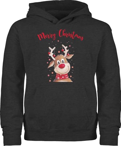 Kinder Hoodie Jungen Mädchen - Weihnachten - Merry Christmas Rentier I Elch - 140 (9/11 Jahre) - Anthrazit meliert - weihnachtspulli Kind weihnachtsmotiv Familie Hoody Weihnachtspullover weihnacht von Shirtracer