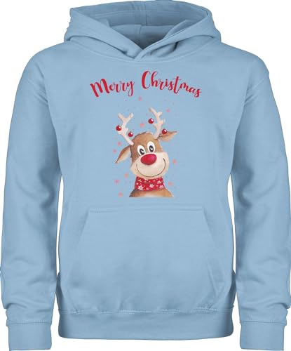 Kinder Hoodie Jungen Mädchen - Weihnachten - Merry Christmas Rentier I Elch - 140 (9/11 Jahre) - Hellblau - weihnachtspulli Kind weihnachtsmotiv Familie Hoody Weihnachtspullover weihnacht Rentiere von Shirtracer