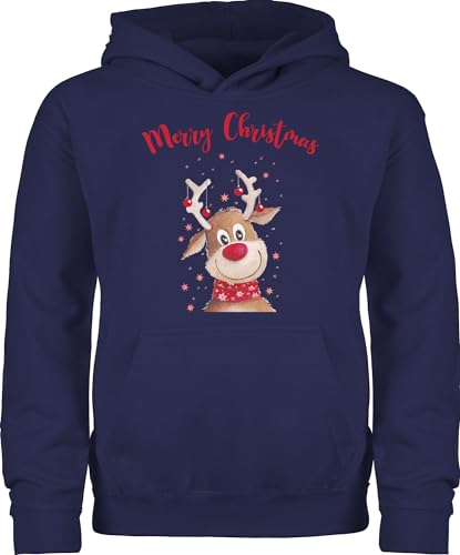 Kinder Hoodie Jungen Mädchen - Weihnachten - Merry Christmas Rentier I Elch - 140 (9/11 Jahre) - Navy Blau - weihnachtspulli Kind weihnachtsmotiv Familie Hoody Weihnachtspullover weihnacht Rentiere von Shirtracer