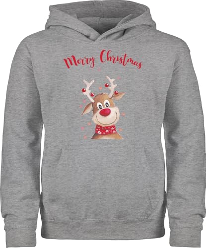 Kinder Hoodie Jungen Mädchen - Weihnachten - Merry Christmas Rentier I Elch - 152 (12/13 Jahre) - Grau meliert - weihnachtspulli Kind weihnachtsmotiv Familie Hoody Weihnachtspullover weihnacht von Shirtracer