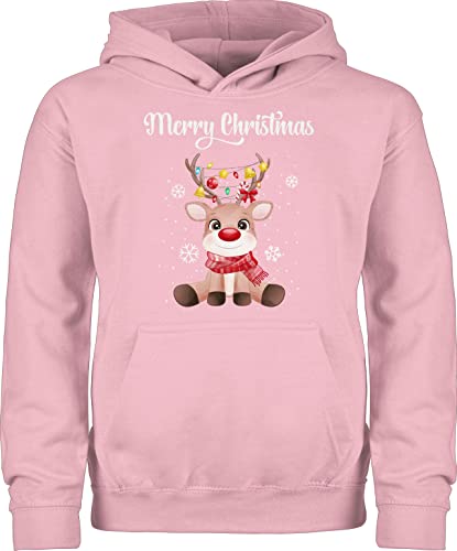 Kinder Hoodie Jungen Mädchen - Weihnachten - Merry Christmas süßes Rentier | Rudolph Elch Rudolf - 128 (7/8 Jahre) - Hellrosa - weihnachtspulli Kind weinachts Geschenk Schneeflocken Hoody von Shirtracer