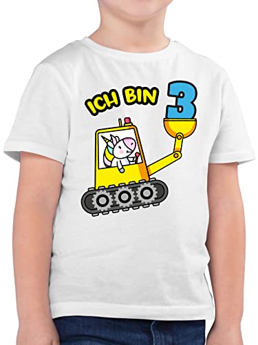 Kinder T-Shirt Jungen - 3. Geburtstag - Ich Bin DREI Einhorn mit Bagger - 104 (3/4 Jahre) - Weiß - 3 Jahre Tshirt Years Old Outfit Year Shirt Junge Kleidung alt geburtstagsshirt Jahren Geburtstags von Shirtracer