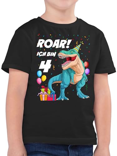 Kinder T-Shirt Jungen - 4. Geburtstag - Ich Bin 4 Jahre - T-Rex Dinosaurier Dino - 104 (3/4 Jahre) - Schwarz - geburtstagsshirt Jungs Tshirt Vier Shirt Junge Kleidung 4.Geburtstag t-Shirts Schon von Shirtracer