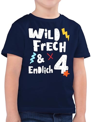 Kinder T-Shirt Jungen - 4. Geburtstag - Wild frech und endlich 4 - Vier Jahre Wunderbar - 104 (3/4 Jahre) - Dunkelblau - Tshirt geburtstagsshirt 4.Geburtstag Shirt t ich Bin Junge Kleidung von Shirtracer