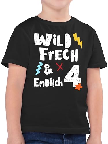Kinder T-Shirt Jungen - 4. Geburtstag - Wild frech und endlich 4 - Vier Jahre Wunderbar - 128 (7/8 Jahre) - Schwarz - Tshirt geburtstagsshirt 4.Geburtstag Shirt t ich Bin Junge Kleidung 4th Birthday von Shirtracer