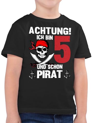 Kinder T-Shirt Jungen - 5. - Achtung Ich Bin 5 und Schon Pirat | Piraten Geburtstag 5 Jahre - 128 (7/8 Jahre) - Schwarz - Shirt geburtstagsshirt fünf Tshirt Junge 5.Geburtstag t Geburtstags 5, für von Shirtracer