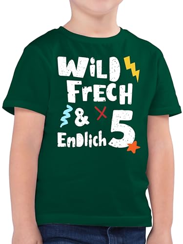 Kinder T-Shirt Jungen - 5. Geburtstag - Wild frech und endlich 5 - Fünf Jahre Wunderbar - 128 (7/8 Jahre) - Tannengrün - Tshirt ich Bin Schon Shirt 5-jähriger 5.Geburtstag t geburtstagsshirt 5, von Shirtracer