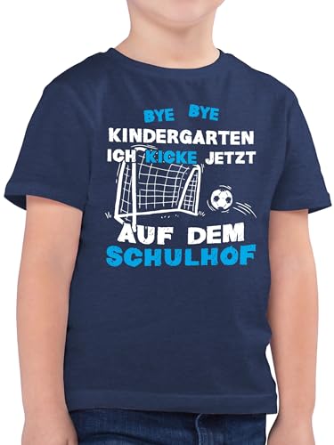 Kinder T-Shirt Jungen - Einschulung Junge - Bye Bye Kindergarten Fußball Kick Schulhof - 128 (7/8 Jahre) - Dunkelblau Meliert - Alles für den Schulanfang Tshirt Schulkind Oberteil von Shirtracer