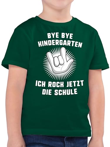 Kinder T-Shirt Jungen - Einschulung Junge - Bye Bye Kindergarten Ich Rock jetzt die Schule Hand - 128 (7/8 Jahre) - Tannengrün - einschulungsshirt Shirt Schulkind schulanfänger Kita Ende Tshirt von Shirtracer