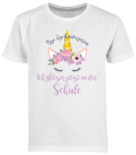 Kinder T-Shirt Jungen - Einschulung Junge - Bye Bye Kindergarten ich Glitzer jetzt in der Schule Blumen - 140 (9/11 Jahre) - Weiß - Schulkind einschulungsshirt schulanfänger Einhorn Tshirt von Shirtracer