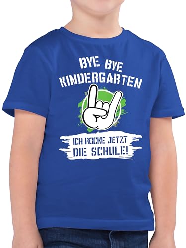 Kinder T-Shirt Jungen - Einschulung Junge - Bye Bye Kindergarten ich Rocke jetzt die Schule - 128 (7/8 Jahre) - Royalblau - First Day of School für t Shirt Schulkind Outfit t-Shirts von Shirtracer