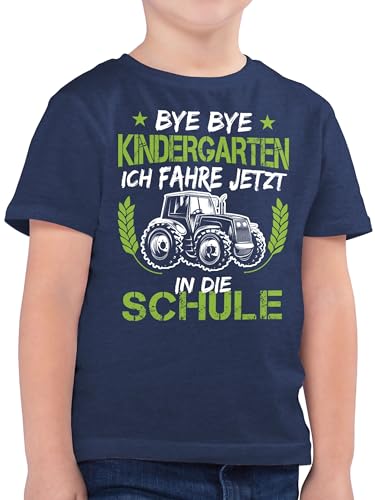 Kinder T-Shirt Jungen - Einschulung Junge - Bye Bye Kindergarten ich fahre jetzt in die Schule Traktor Weiß Grün - 152 (12/13 Jahre) - Dunkelblau Meliert - erster Schultag Outfit Shirts Shirt von Shirtracer