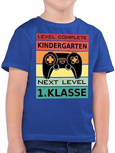 Kinder T-Shirt Jungen - Einschulung Junge - Level Complete Kindergarten - Next Level 1. Klasse - 128 (7/8 Jahre) - Royalblau - tschüß Shirt Schulkind schulanfänger abgang Tshirt einschulungsshirt von Shirtracer