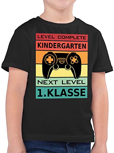 Kinder T-Shirt Jungen - Einschulung Junge - Level Complete Kindergarten - Next Level 1. Klasse - 128 (7/8 Jahre) - Schwarz - tschüß Shirt Schulkind schulanfänger abgang Tshirt einschulungsshirt von Shirtracer