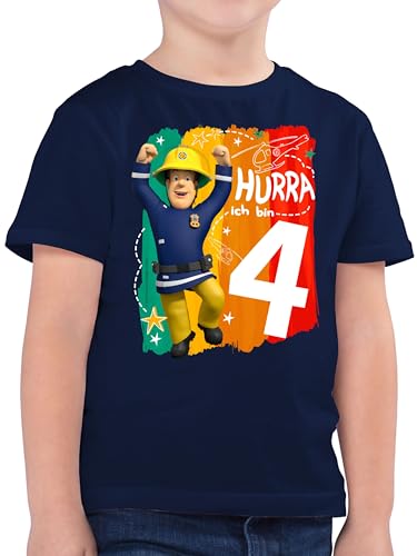 Kinder T-Shirt Jungen - Feuerwehrmann - Hurra ich Bin Vier - Sam - 104 (3/4 Jahre) - Dunkelblau - fwuerwehrman 4 Junge Shirt Feuerwehr Tshirt sa Jahre t Shirts Geburtstag freuermann t-Shirts fã¼r von Shirtracer