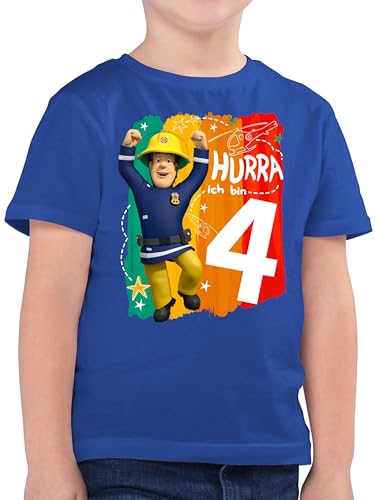 Kinder T-Shirt Jungen - Feuerwehrmann - Hurra ich Bin Vier - Sam - 128 (7/8 Jahre) - Royalblau - feuetwehr Mann 4 Junge Shirt Feuerwehr Tshirt Jahre feuerwhermann t geburtstagsshirt fwuerwehrmann von Shirtracer