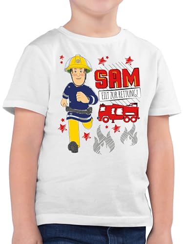 Kinder T-Shirt Jungen - Feuerwehrmann - Sam eilt zur Rettung - 104 (3/4 Jahre) - Weiß - feuwehrman Tshirt Kind feuerwhermann t Shirts feuetwehr Mann baumwollshirt feueewehrmann t.Shirt von Shirtracer