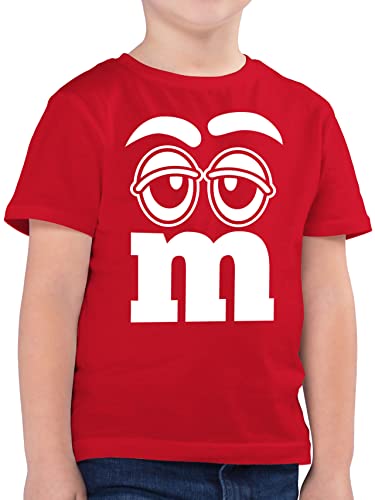 Kinder T-Shirt Jungen - Karneval & Fasching - Faschingskostüm Gruppenkostüm M&M Aufdruck Gesicht I M und M I MM Augen I Fastnacht I Fasnacht I Fasnet - 128 (7/8 Jahre) - Rot - Faschings Shirt Jeck von Shirtracer