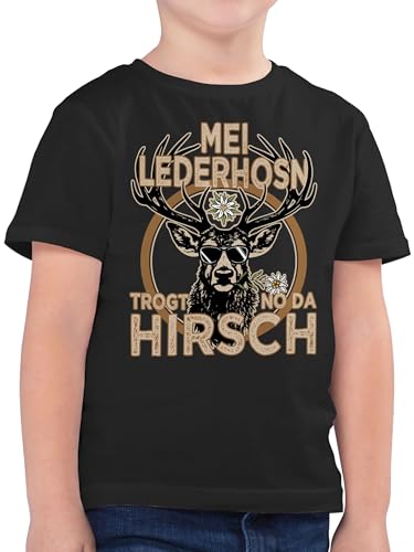 Kinder T-Shirt Jungen - Kompatibel mit Oktoberfest Trachtenshirt - Trachten Outfit Lederhose Spruch Trägt der Hirsch - 152 (12/13 Jahre) - Schwarz - Tracht Oberteil bayrisch Lederhosen Shirt von Shirtracer