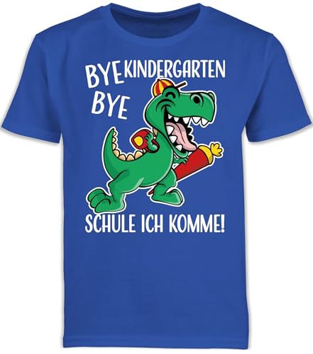 Kinder T-Shirt Jungen Schulanfang - Einschulung Junge - Bye Bye Kindergarten Dinosaurier - 128 (7/8 Jahre) - Royalblau - Schulkind 2023 Shirt Dino Outfit 1.Schultag schulanfänger Schule t-Shirts t von Shirtracer