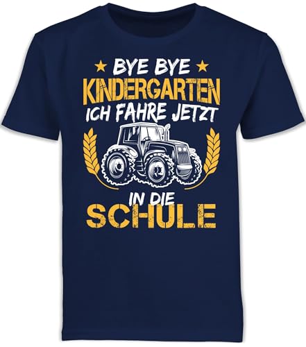Kinder T-Shirt Jungen Schulanfang - Einschulung Junge - Bye Bye Kindergarten ich fahre jetzt in die Schule Traktor Weiß Orange - 116 (5/6 Jahre) - Navy Blau - schuleinführung Outfit von Shirtracer