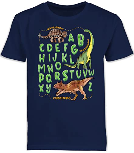 Kinder T-Shirt Jungen Schulanfang - Einschulung Junge - Dinosaurier Alphabet - 116 (5/6 Jahre) - Navy Blau - Schulkind Tshirt Dino Outfit 1.Schultag schulanfänger Shirt einschulungsoutfit von Shirtracer